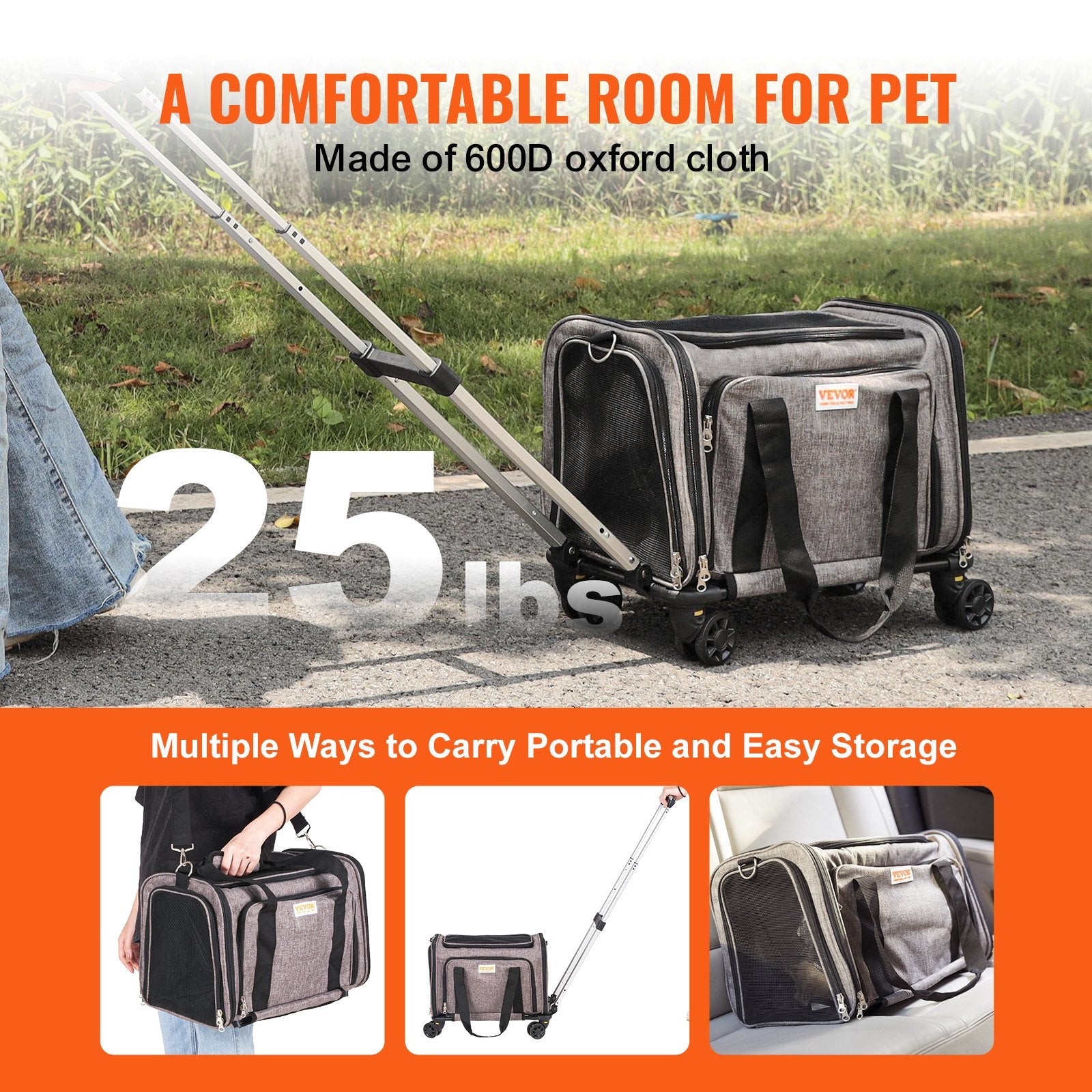 Cat Carrier With Wheels, Airline Approved Rolling Pet Carrier With Telescopic Handle And Shoulder Strap, Dog Carrier With Wheels For Pets Under 25 Lbs, With 1 Folding Bowl, Grey - 5 - CJ