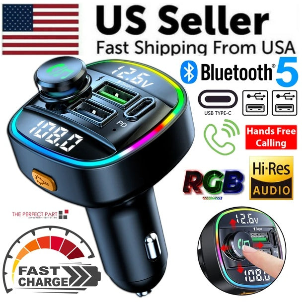 Bluetooth 5.0 Car Wireless FM Transmitter Adapter USB PD Charger AUX Hands-Free