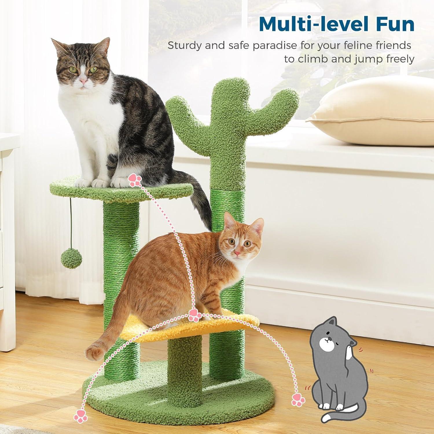 26 Inch Cactus Cat Tree With Bird's Eye View Flower Perch, Soft Cactus Top And Hanging Ball, Compact Vertical Structure For Indoor Cats - 5 - cjdroshippping