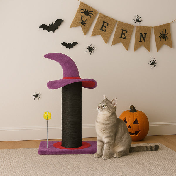 Wizard Hat Cat Scratching Post With Spring Ball Toy For Indoor Cats, Halloween Spooky Cat Scratcher, Purple - 5 - CJ