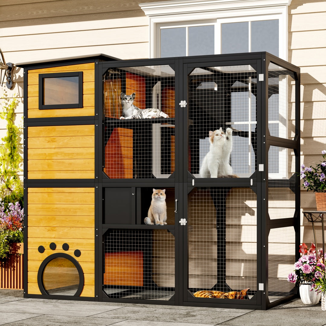 GO Large Cat Catio 4 Tiers Cat Enclosure For Outdoor, Cat House Weatherproof Attached To Window For Multiple Cats With Platforms And Resting Rooms, Brown - 5 - CJ