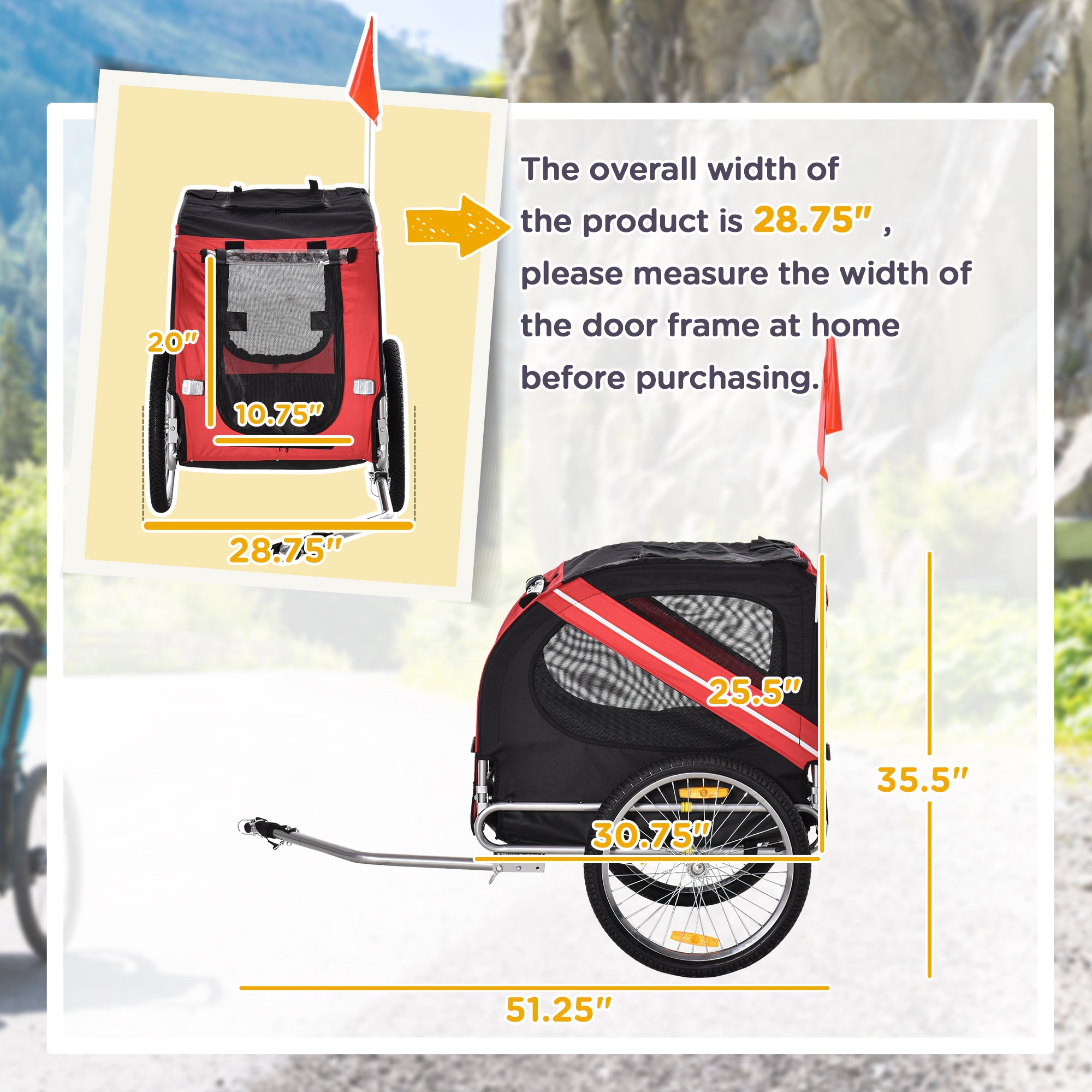 Dog Bike Trailer With Easy Folding Cart Frame, Large Wheels, 3 Entrances, Mesh Screen, For Dogs Within 44 Lbs, Red & Black - 5 - CJ