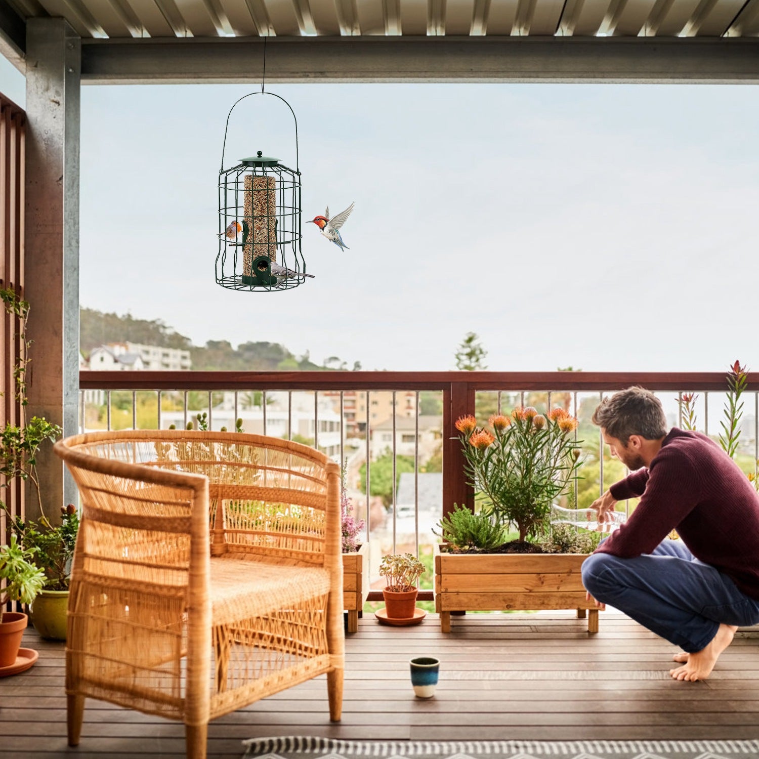 1Pc Outdoor Wild Bird Feeder Squirrel - Proof Chew - Proof Metal Hanging Seed Feeder With 4 Feeding Port For Small Songbirds - 5 - CJ