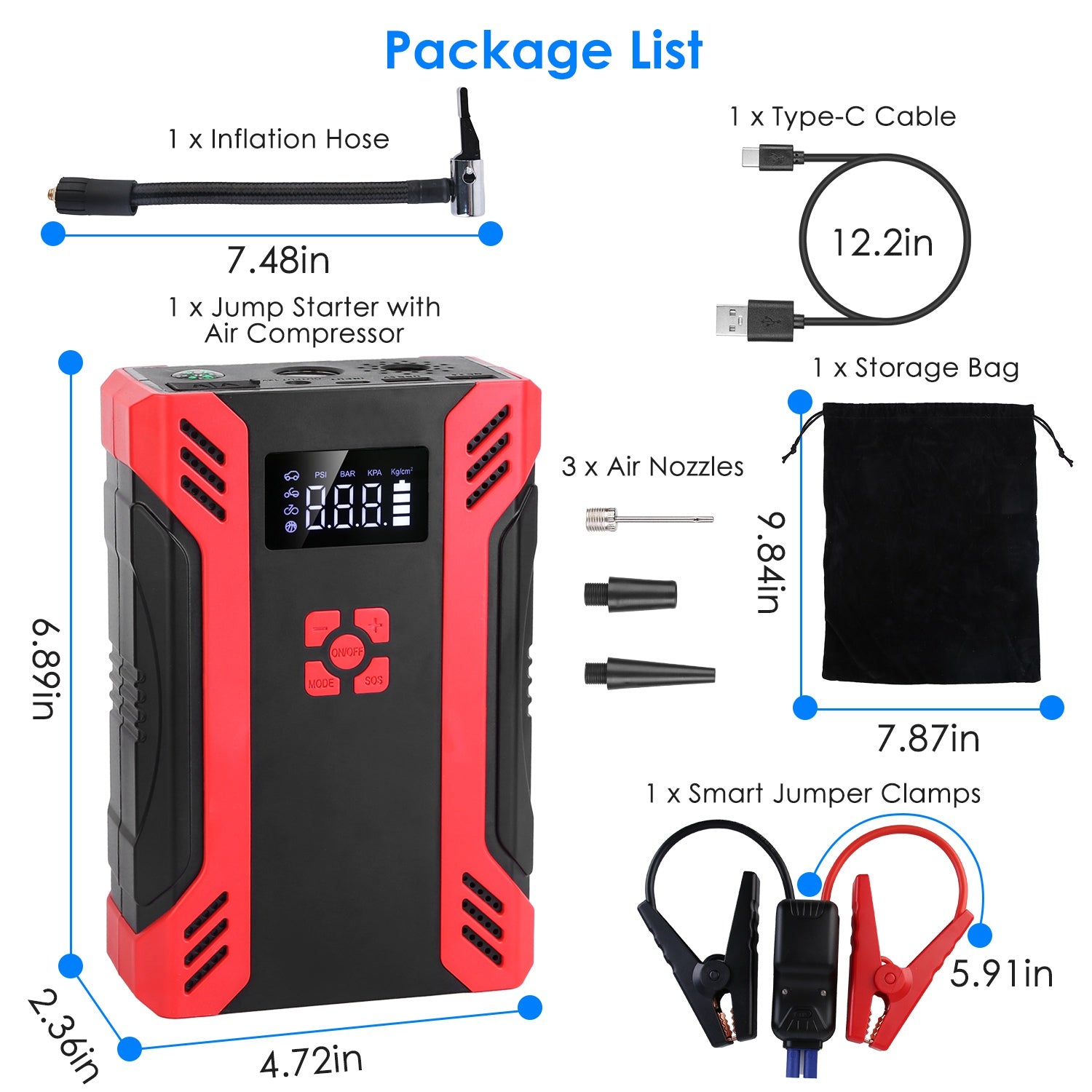 1Pc Car Jump Starter With Air Compressor Portable Car Battery Booster With Digital Tire Inflator With 2000mAh Peak Current For 12V Car 6.5L Gas Or 4.0L Diesel Engines - 5 - cjdropshipping