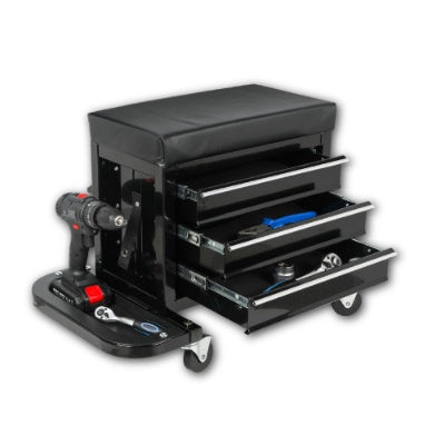 3-Drawer Tool Chest Rolling Mechanic Seat With Tool Trays,350lbs Max Weight Capacity,Black