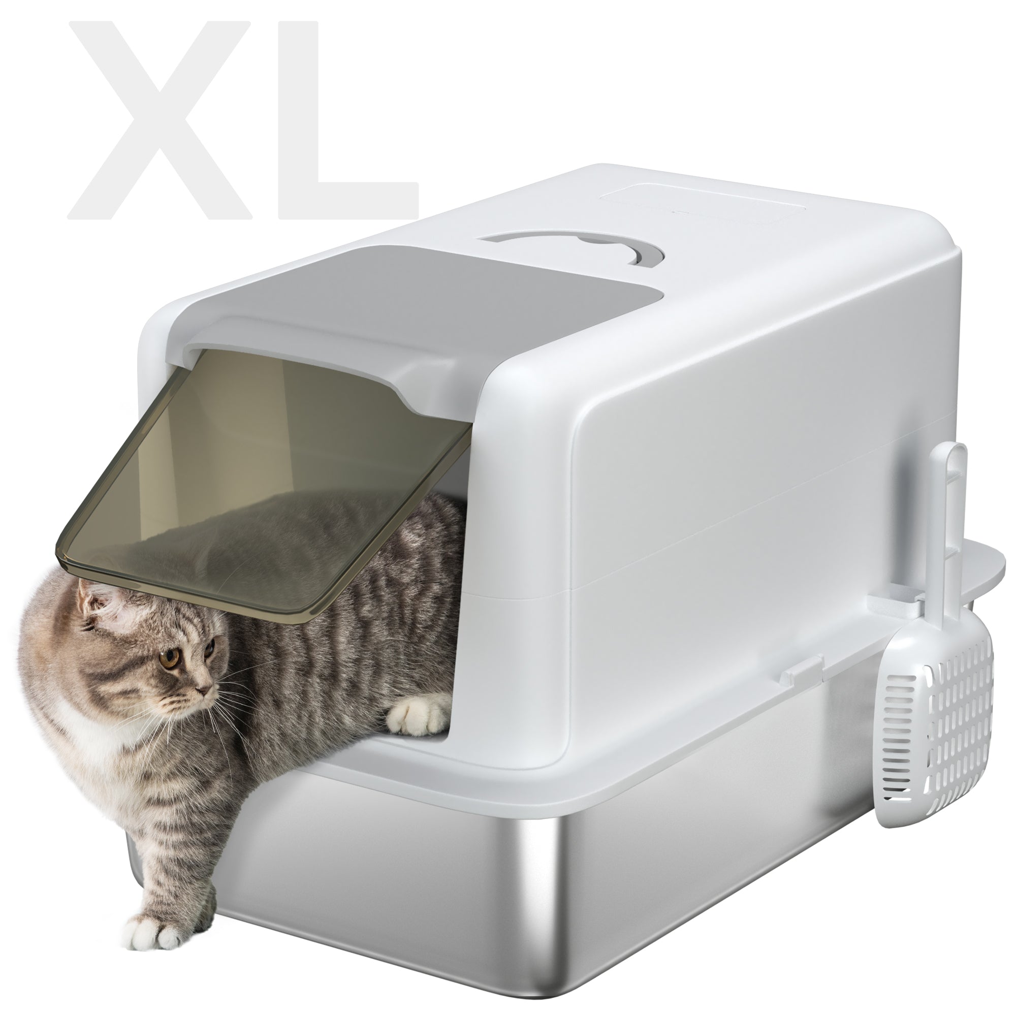 2 in 1 Stainless Steel Cat Litter Box with Removable Lid, Scoop, Filter Bags, for Small to Large Cats, White - 5 - CJ