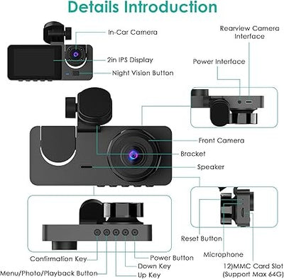 3 Channel Dash Cam, 1080P Dash Cam Front And Rear Inside, Three Way Dash Camera For Cars, Car Camera With 32GB Card, 24H Parking Mode, Loop Recording, Super Night Vision - 5 - CJ
