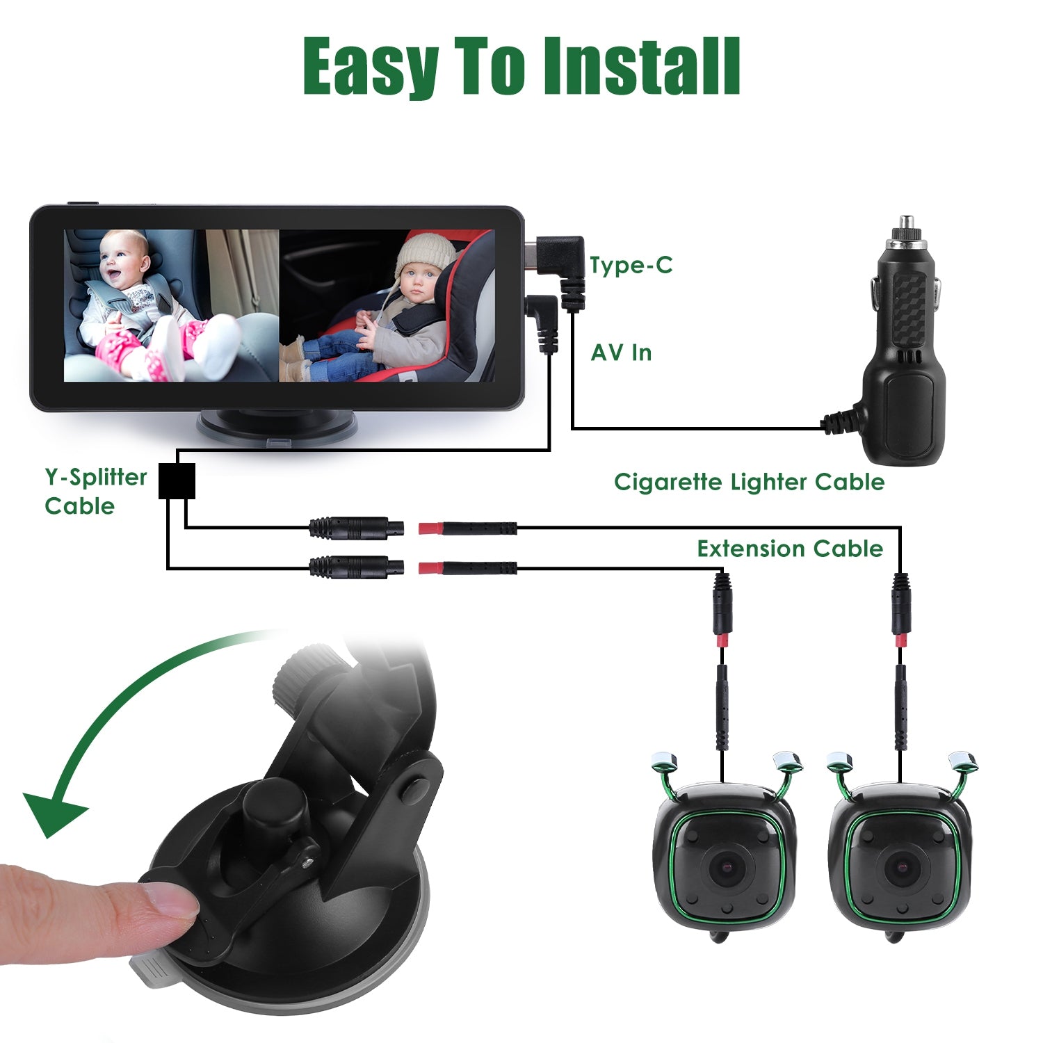 1Pc 1080P Baby Car Camera For 2 Kids Dual Channel Car Baby Monitor Rear Facing Car Seat Camera With 120Degree Wide View 6.86In HD Split Screen Night Vision - 5 - cjdropshipping