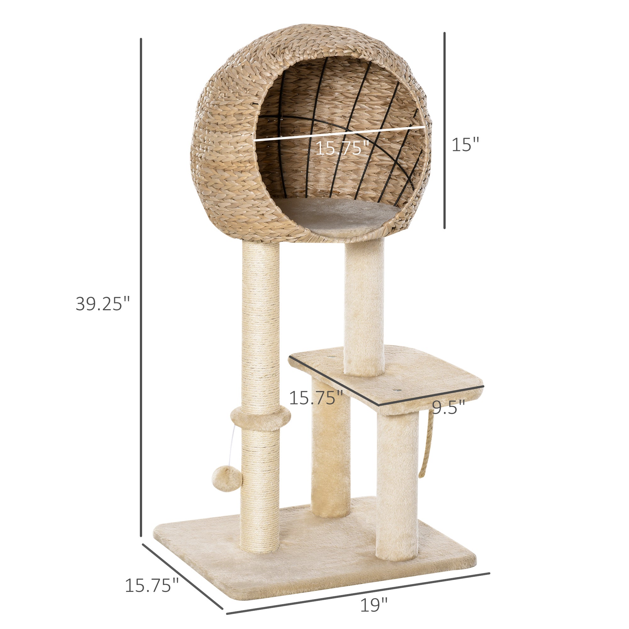 Cat Tree with Sisal Scratching Post Condo and Hanging Rope 39" H, Beige - 5 - CJ