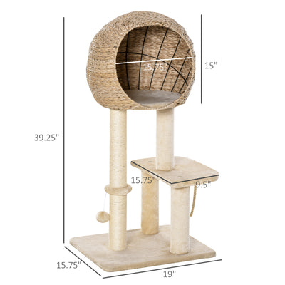 Cat Tree with Sisal Scratching Post Condo and Hanging Rope 39" H, Beige - 5 - CJ