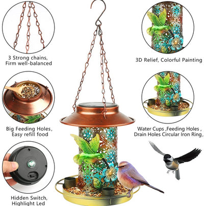 Solar Bird Feeder For Outdoors Hanging, Metal Wild Bird Feeder For Cardinals Solar Garden Lantern With S Hook As Gift For Bird Lovers - 5 - CJ