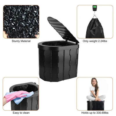 Foldable Emergency Toilet Portable Porta Potty For Car Travel Camping Boating Hiking Cleanable Travel Commode With Lid Carry Bag 1 Roll Garbage Bags - 5 - CJ