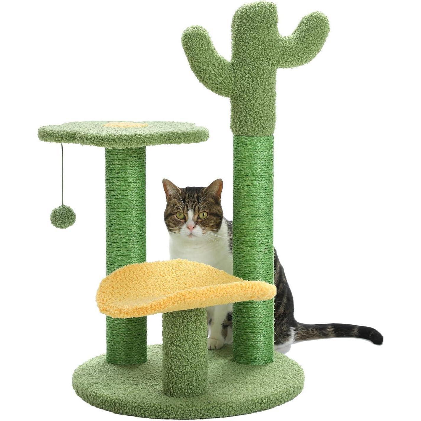 26 Inch Cactus Cat Tree With Bird's Eye View Flower Perch, Soft Cactus Top And Hanging Ball, Compact Vertical Structure For Indoor Cats - 5 - cjdroshippping