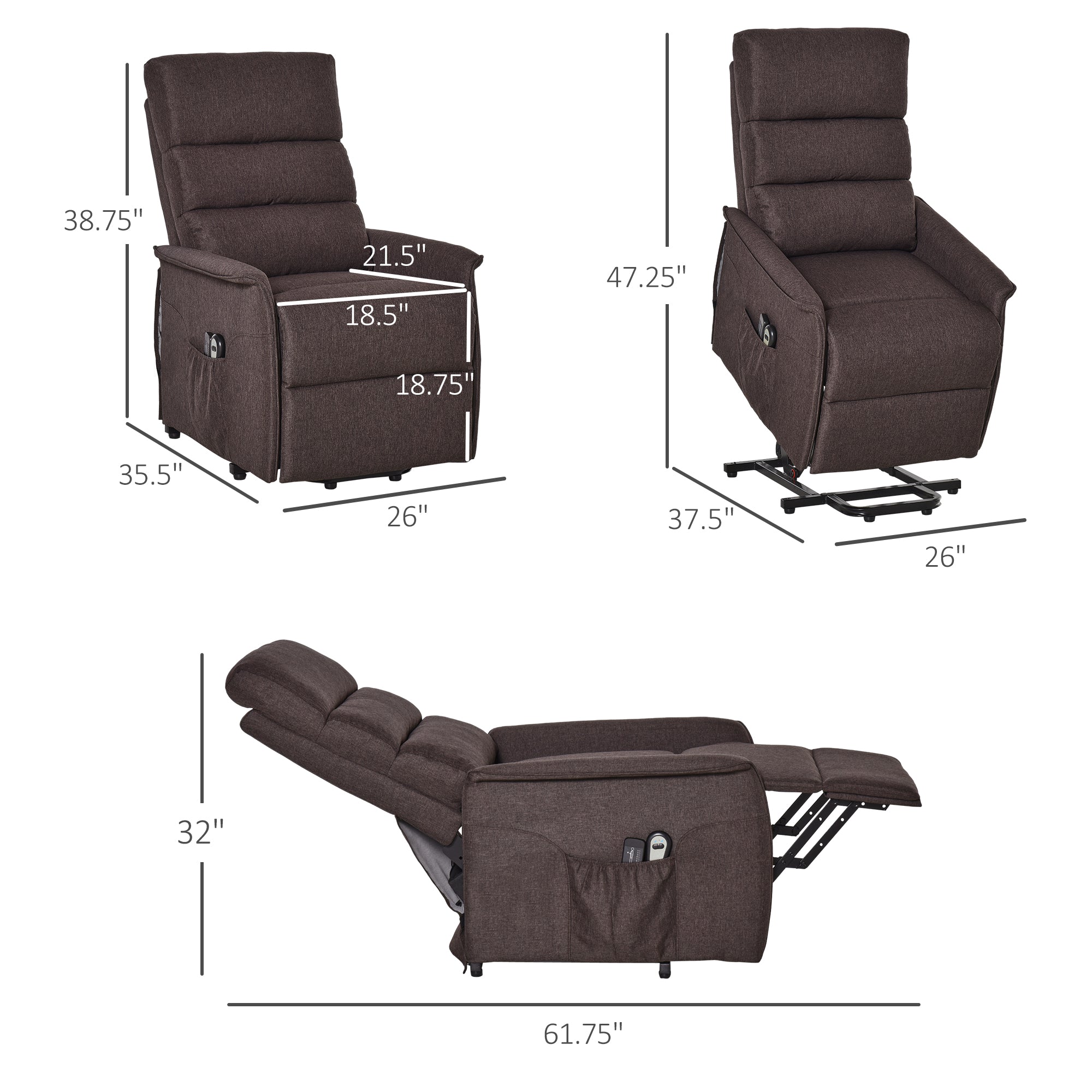 Power Lift Chair with Vibration Massage, Fabric Upholstered Recliner Chair for Elderly with Remote Control, Side Pockets, Brown - 5 - CJ