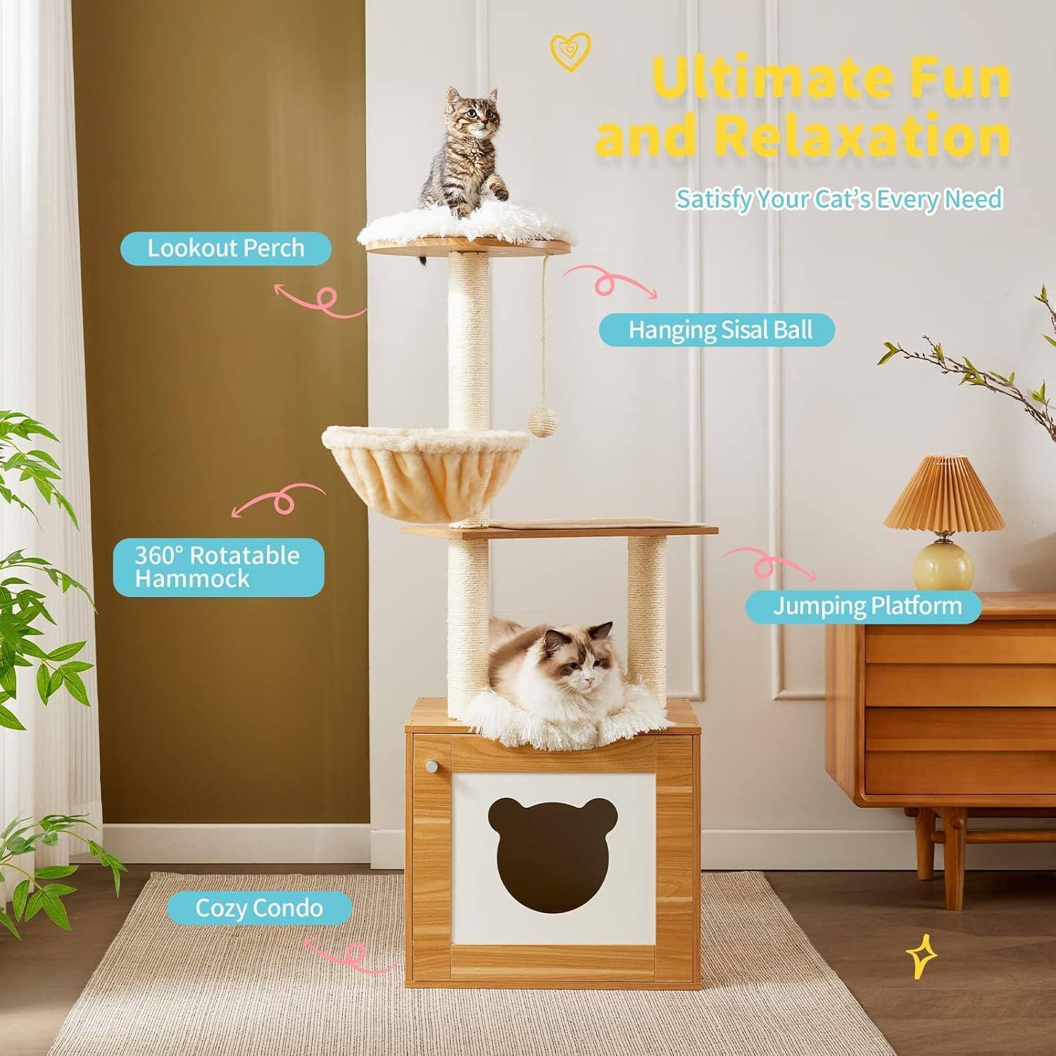 Solid Wood Cat Tree And Tower With Litter Box, Cat Scratching Board And Hammock For Indoor Large Cats - 5 - CJ