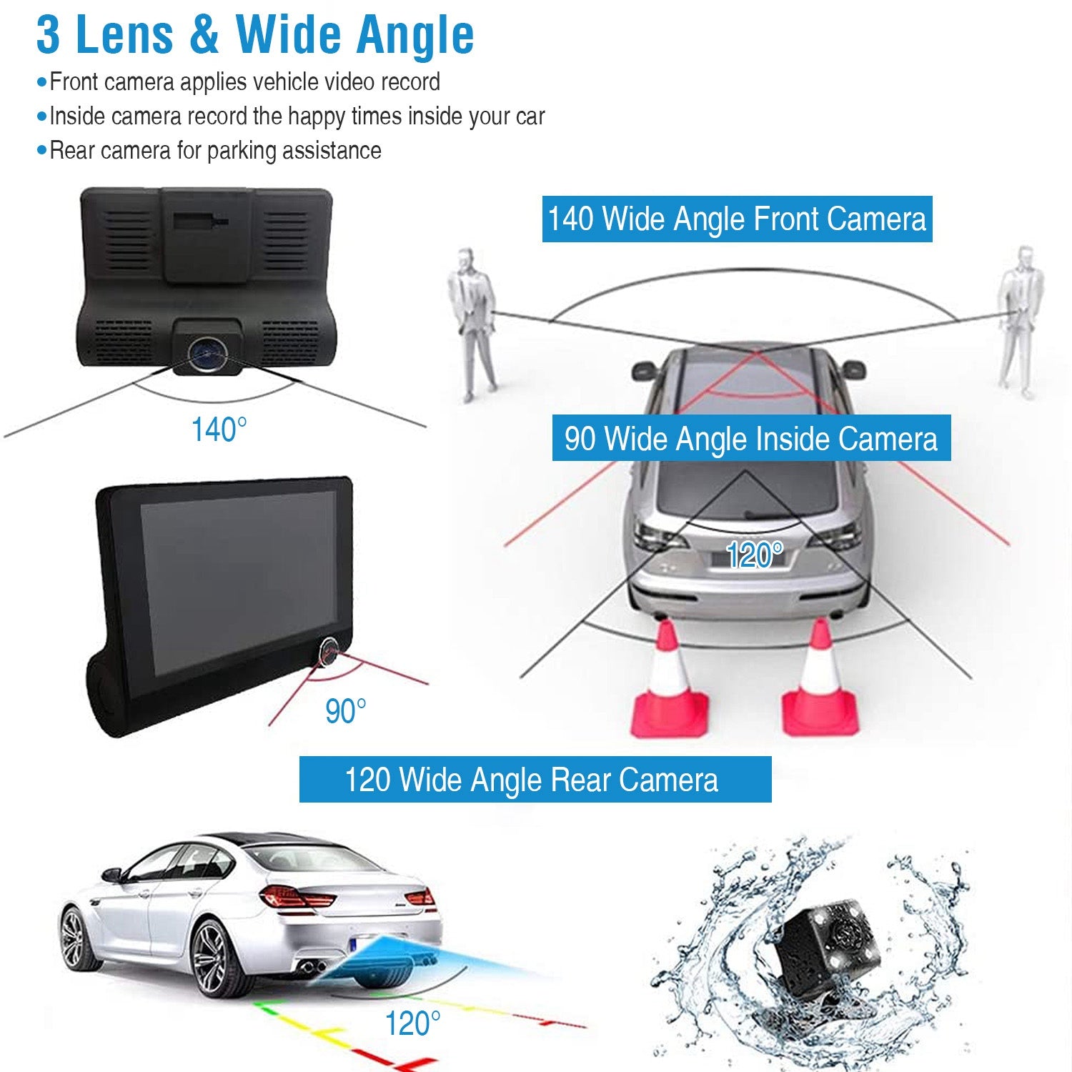 1296P Car DVR Dash Camera 4In 3 Lens Vehicle Driving Recorder Seamless Recording - 5 - cjdropshipping