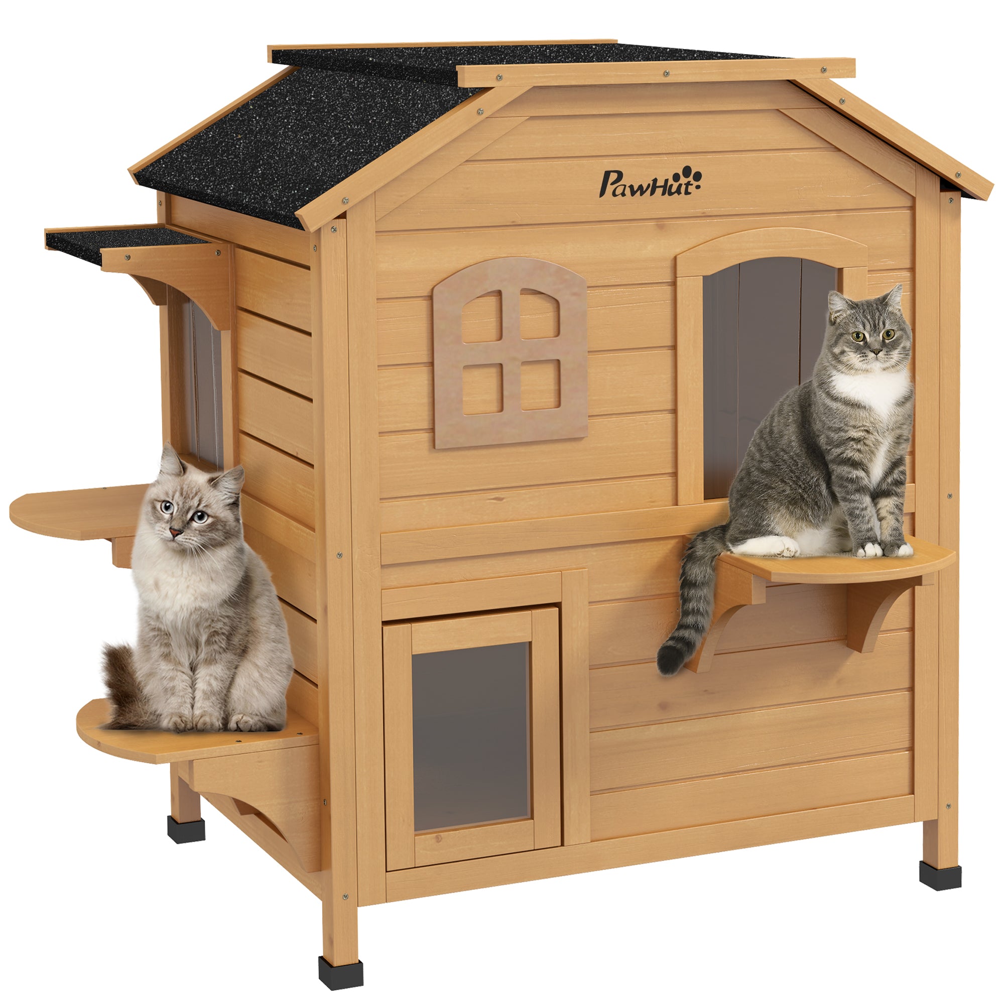 2 - story Cat House Outdoor, Weatherproof Wooden Cat Enclosure for Feral Cats with Escape Door, Openable Roof, Jumping Platforms, Natural - 5 - CJ