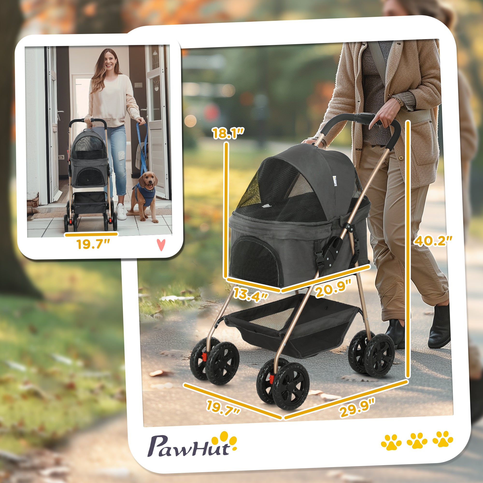 3 In 1 Pet Stroller With Detachable Carrier, Foldable Dog Stroller With Storage Basket, Cupholder, For Mini Dogs, Gray - 5 - CJ