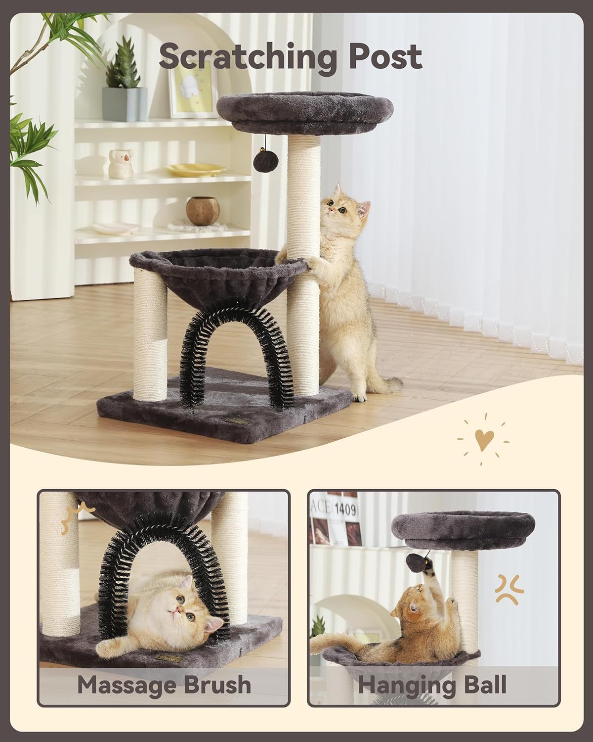 27.8inch Tall Cat Tree Tower For Indoor Cats  Multi-Level Cat Furniture With Sisal Scratching Posts, Plush Perches & Hanging Toys Large Durable Cat Tower, Perfect Gift For Cat Lovers