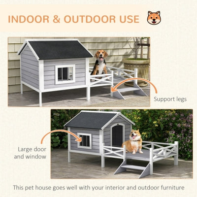 PawHut Small Medium Dog House With Porch, Grey - 5 - CJ