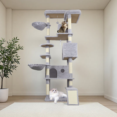 84.6 In Light Gray Cat Tree Tower With Wide Base, 3 Large Hinding Condo, 11 Sisal Scratching Post, Sisal Scratching Ladder, 2 Hammocks, Large Top Platform, Many Landing Perch And Interactive Toy - 5 - CJ