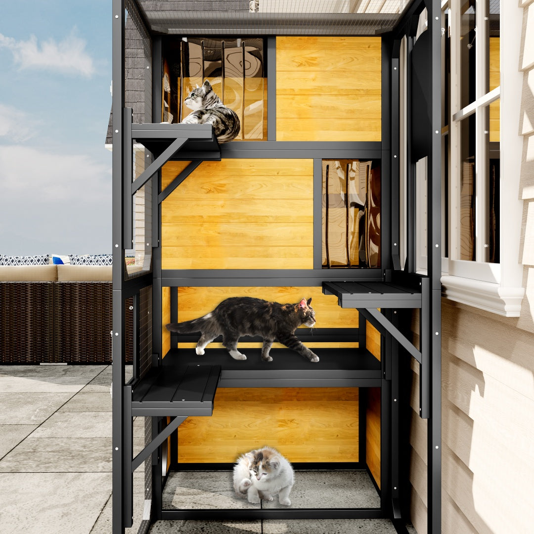 GO Large Cat Catio 4 Tiers Cat Enclosure For Outdoor, Cat House Weatherproof Attached To Window For Multiple Cats With Platforms And Resting Rooms, Brown - 5 - CJ