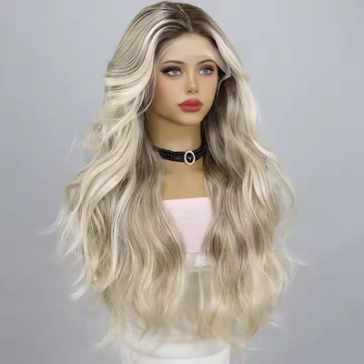 European And American Fashion T - shaped Lace Gold Gradient Wavy Curly Hair Wigs Shipped From Warehouse - 5 - CJ