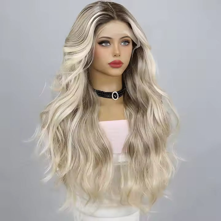 European And American Fashion T - shaped Lace Gold Gradient Wavy Curly Hair Wigs Shipped From Warehouse - 5 - CJ