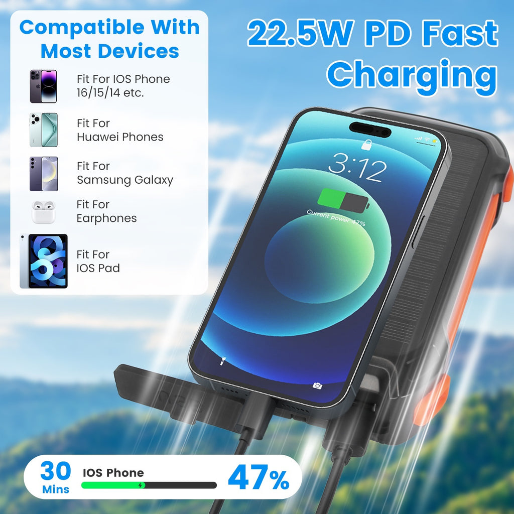 1Pc Portable Solar Charger 49800mAh Power Bank External Battery Pack 22.5W PD Fast Charging Built In 4 Cables 15W Wireless Charging LED Flashlight For Camping Hiking Picnic Travel