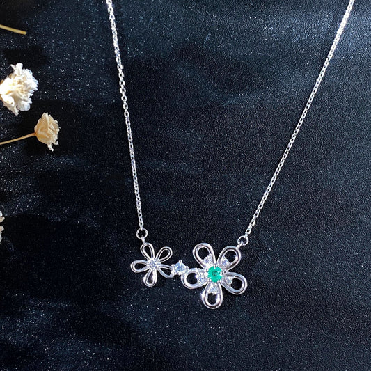 Flower Shaped S925 Silver Necklace Girl's Versatile Collar Chain Grandmother's Emerald Pendant - 4 - CJ