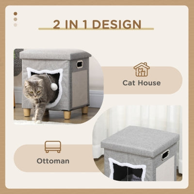 PawHut Cat House Cave, Cat Bed Cube With Scratching Pad, Soft Detachable & Washable Cushion, Toy Ball, For Indoor Kittens, Grey - 5 - CJ