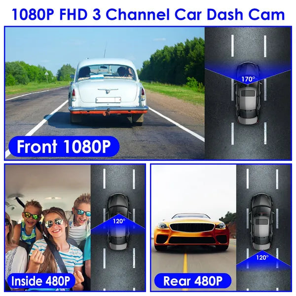 1080P FUD 3 Channel WiFi Dash Cam 170° Wide Angle Triple Car Camera With IR Night G - Sensor Motion Detection Loop Recording App Control Support 128G Max - 5 - cjdropshipping