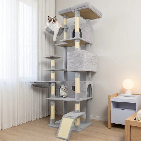 84.6 In Light Gray Cat Tree Tower With Wide Base, 3 Large Hinding Condo, 11 Sisal Scratching Post, Sisal Scratching Ladder, 2 Hammocks, Large Top Platform, Many Landing Perch And Interactive Toy by Generic