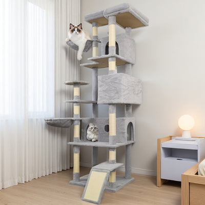 84.6 In Light Gray Cat Tree Tower With Wide Base, 3 Large Hinding Condo, 11 Sisal Scratching Post, Sisal Scratching Ladder, 2 Hammocks, Large Top Platform, Many Landing Perch And Interactive Toy - 5 - CJ