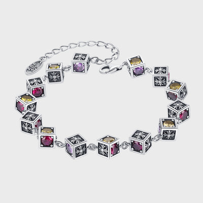 925 Sterling Silver Tide Square Cross Rainbow Zircon Dice Bracelet - 4 - CJ
