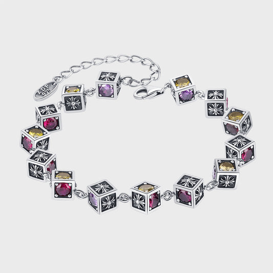 925 Sterling Silver Tide Square Cross Rainbow Zircon Dice Bracelet - 4 - CJ