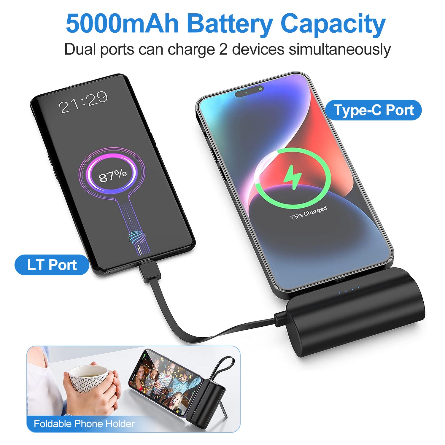 1Pc 5000mAh Portable Phone Charger Built-in Type-C IOS Cable Dual Output Power Bank Compact Size Compatible With IOS Phone