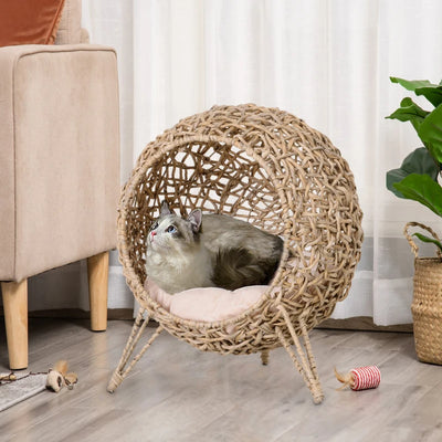 Weaved Cat Bed, Elevated Hand - woven Braided Banana Leaf Kitten House Condo With Cushion, Beige - 5 - CJ