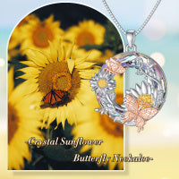 Crystal Sunflower Butterfly Necklace in Rose Gold and Gold Plated Sterling Silver