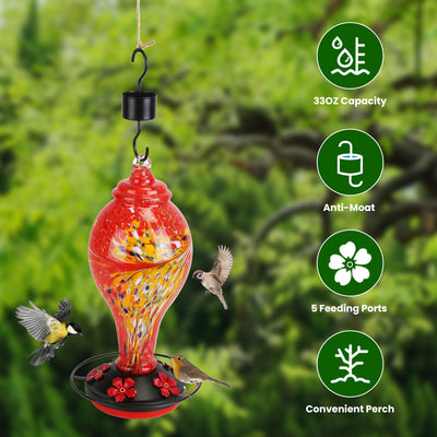 1Pc Glass Hummingbird Feeder 33OZ Hand Blown Hummingbird Feeder With 5 Flower Feeding Port Perch Ant Moat Hanging Hook S Hook Hemp Rope Cleaning Brush For Garden Decor - 5 - CJ