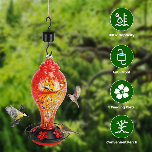 1Pc Glass Hummingbird Feeder 33OZ Hand Blown Hummingbird Feeder With 5 Flower Feeding Port Perch Ant Moat Hanging Hook S Hook Hemp Rope Cleaning Brush For Garden Decor - 5 - CJ