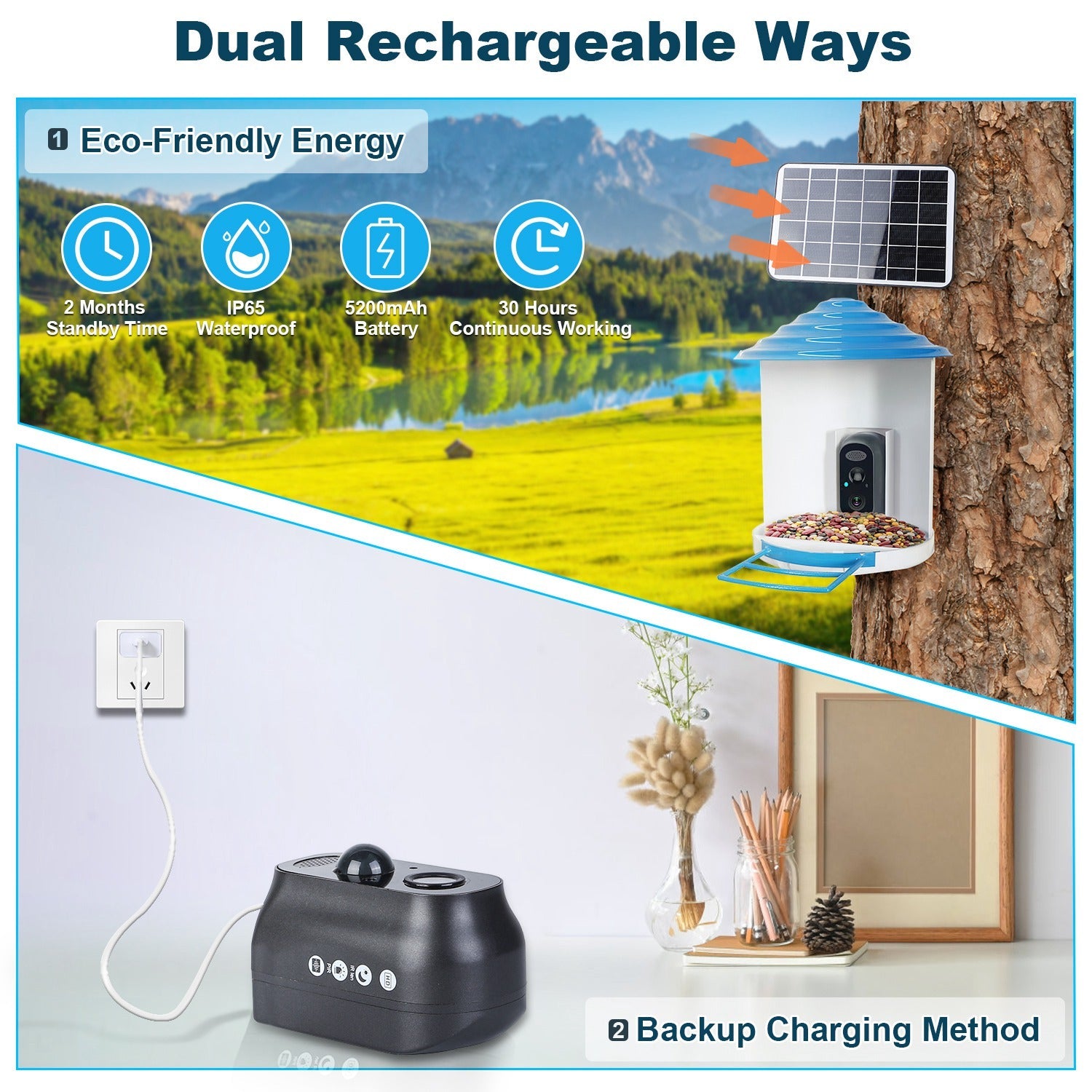 Smart Bird Feeder With Solar Powered Camera 1080P HD AI Identify PIR Motion Auto Capture Video Cloud Card Storage WiFi Connection App Control IP65 Waterproof by CJ