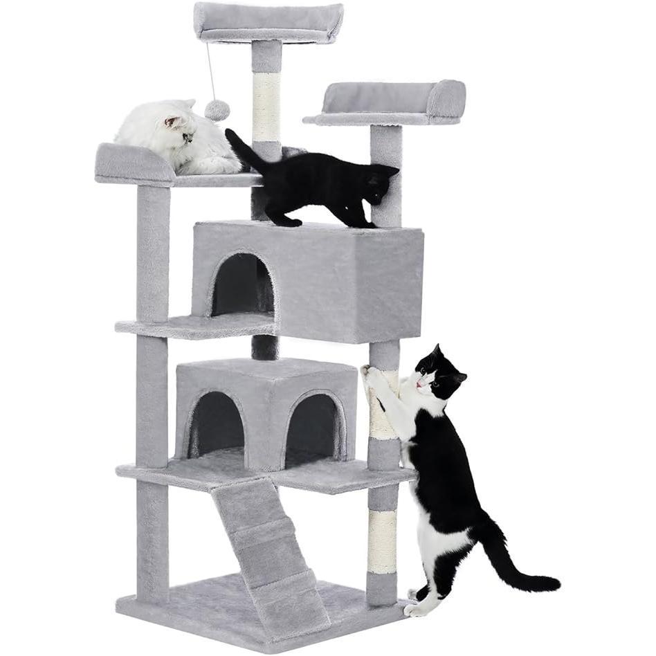 Made4Pets 56-inch Pet Cat Tree For Indoor Cats Multi-Level Cat Tree With 2 Apartments Cat Activity Center With Scratching Posts And Toys Light Gray