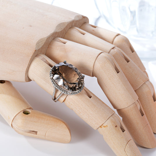 Luxury Wind Jewelry Natural Tea Crystal Ring S925 Silver Inlaid Smoky Crystal - 4 - CJ