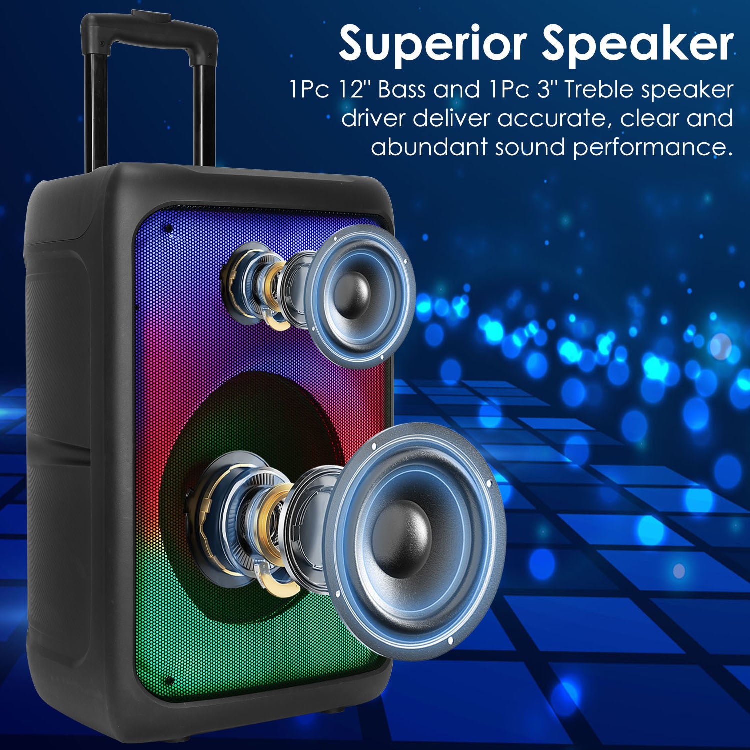 1Pc Portable Wireless Party Speaker Party Speaker With With 5 Colorful Lighting Modes TWS FM USB MMC Slot Aux In Recording Mic Priority Trolley Handle 2 Wheels Remote Control