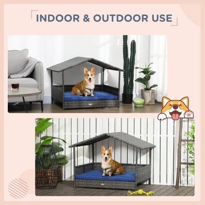 PawHut Wicker Dog House Outdoor With Canopy, Rattan Dog Bed With Water - resistant Cushion, For Small And Medium Dogs, Dark Blue - 5 - CJ