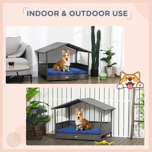 PawHut Wicker Dog House Outdoor With Canopy, Rattan Dog Bed With Water - resistant Cushion, For Small And Medium Dogs, Dark Blue - 5 - CJ