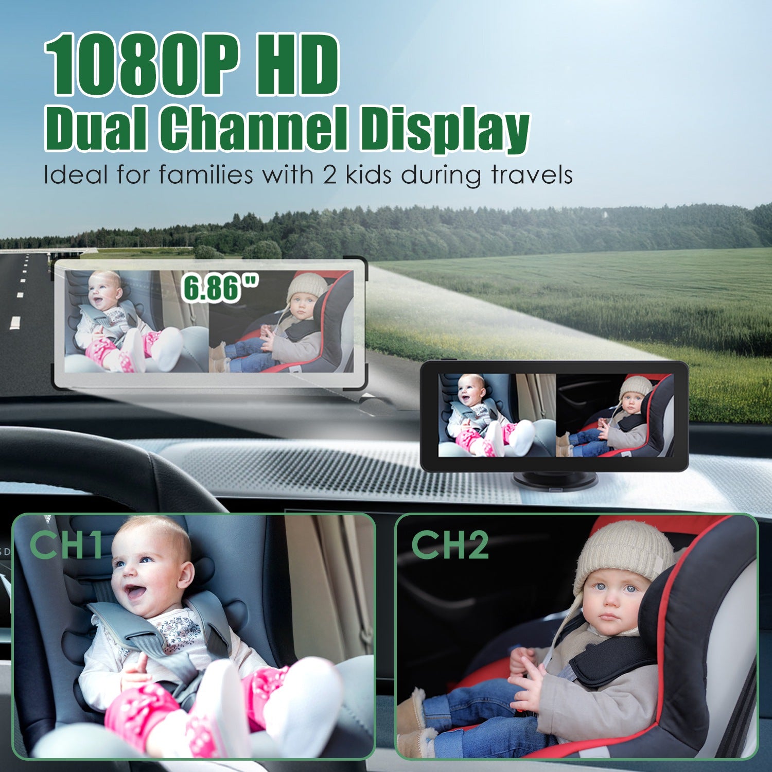 1Pc 1080P Baby Car Camera For 2 Kids Dual Channel Car Baby Monitor Rear Facing Car Seat Camera With 120Degree Wide View 6.86In HD Split Screen Night Vision - 5 - cjdropshipping