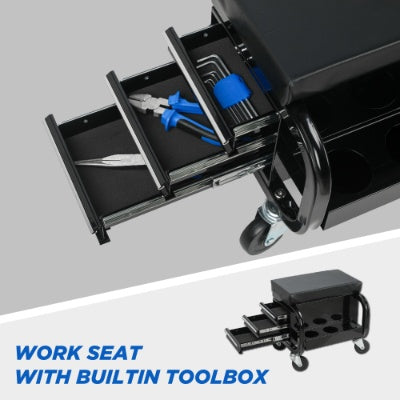 Rolling Creeper Garage Shop Seat With Three Built - in Drawers, Rolling Tool Chest Black - 5 - CJ