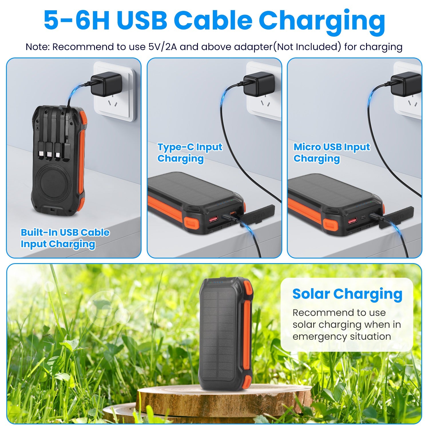1Pc Portable Solar Charger 49800mAh Power Bank External Battery Pack 22.5W PD Fast Charging Built In 4 Cables 15W Wireless Charging LED Flashlight For Camping Hiking Picnic Travel - 5 - CJ